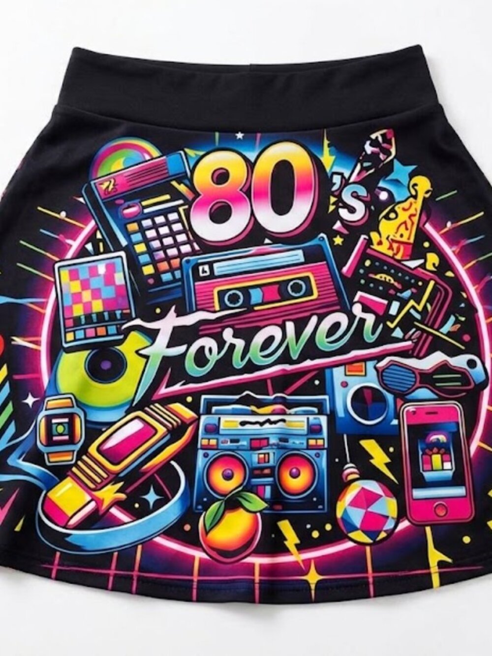 80s Forever Retro Graphic Flare Mini Skirt - Black Multi Size L